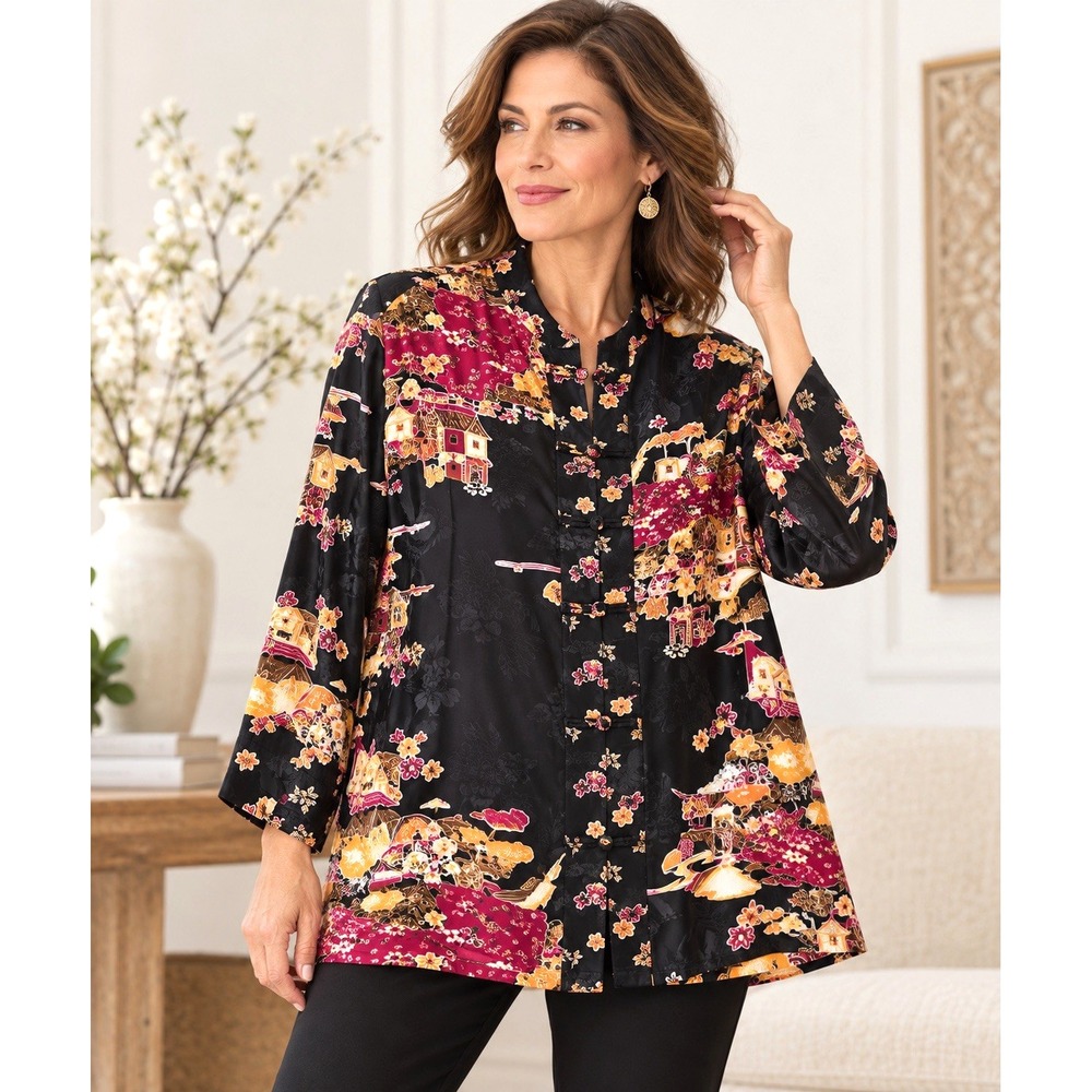 VTG Chico's Design 100% Silk Tunic Jacket Size 3 XL Asian Print Frog Closure Y2K